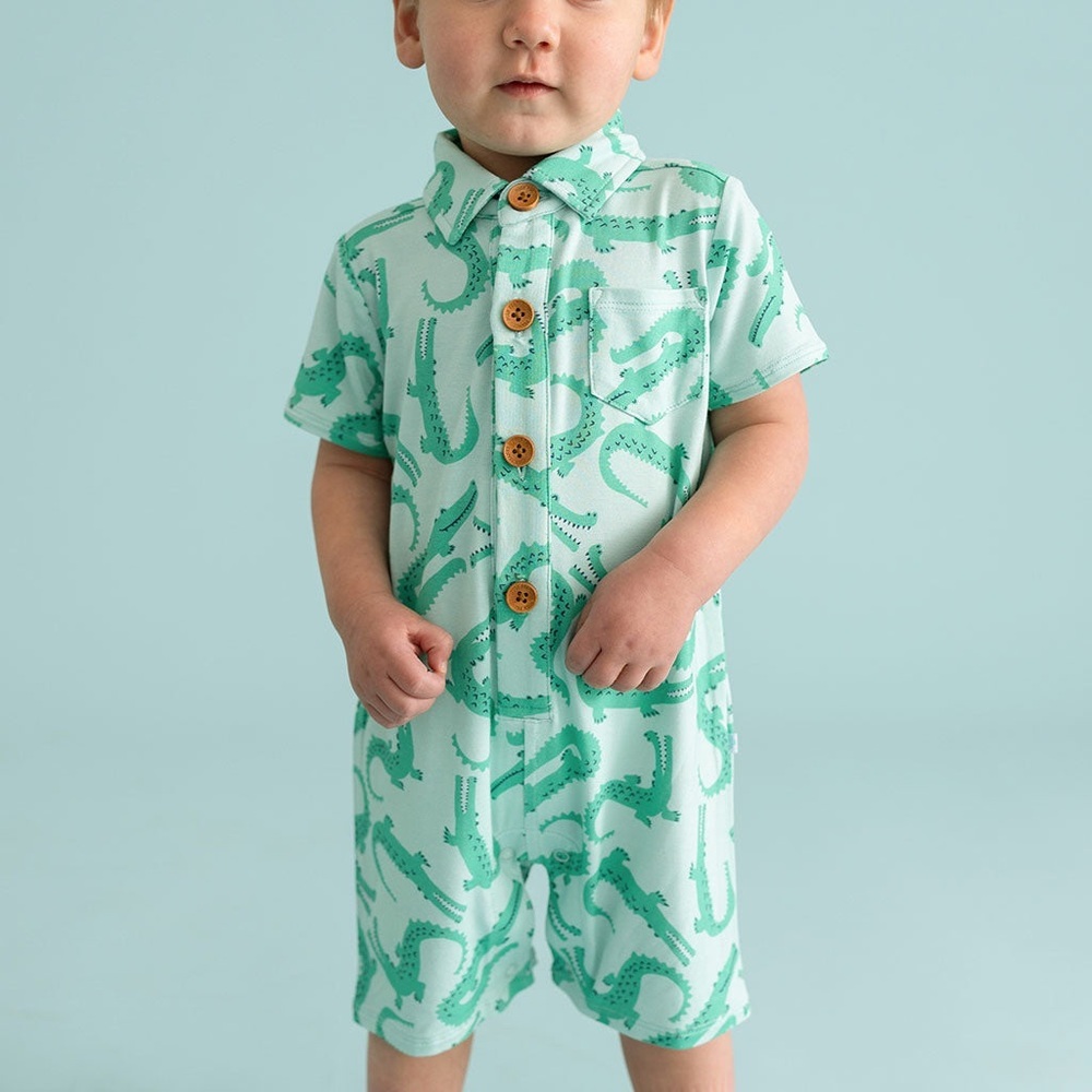 NWOT Posh Peanut Smiles limited edition Collared Henley Shortall Romper 9-12 mos